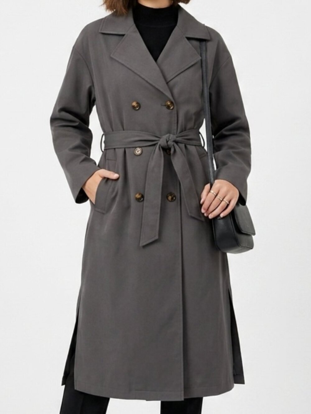 MAEVA Double Breasted Trench Coat Charcoal Gray Lightweight Small